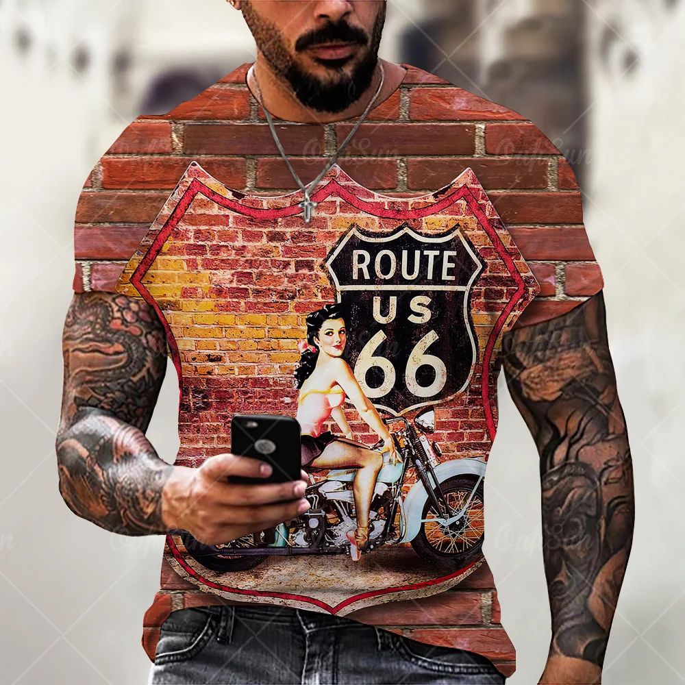 

Vintage Route US 66 Graphic 3D Print Men's T Shirt Streetwear Loose O-Neck Short Sleeve Oversized T Shirts Casual Men Clothing