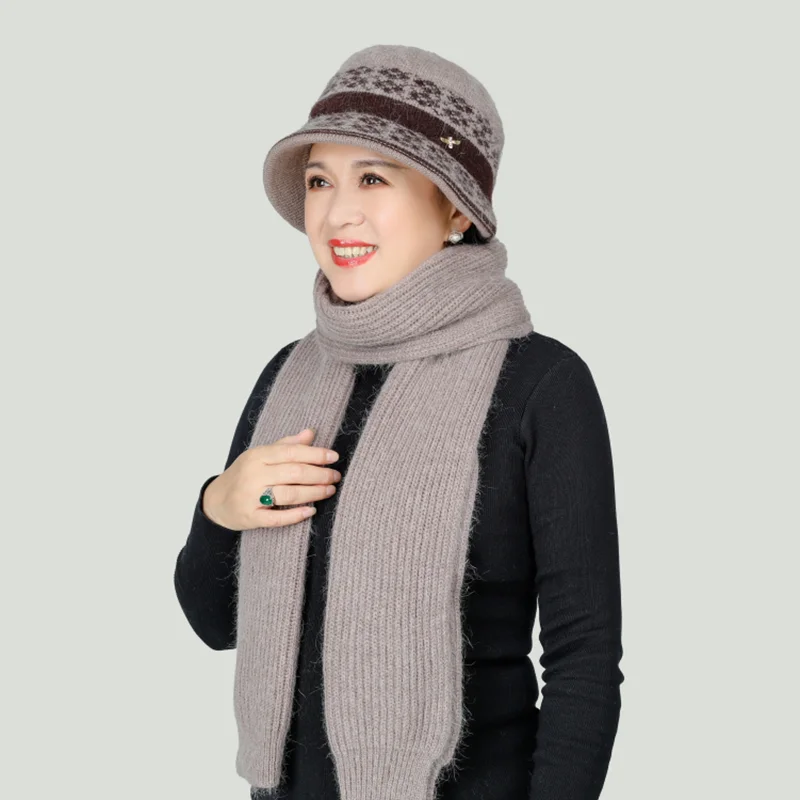 Winter Mom Hat and Scarf Set for Women Rabbit Fur Scarves Knitted Bucket Hats Grandma Gift | Аксессуары для одежды