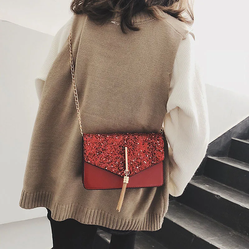 

CASMOR Fashion Women's Designer Flap Handbag 2019 PU Leather Lady Shoulder Bags Fringed Shining Sequins Party Handbags