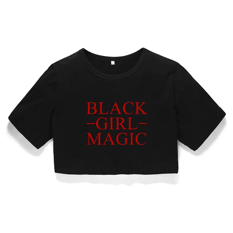Для девочек черного цвета Magic женщин надписью короткая футболка Tumblr Феминистская
