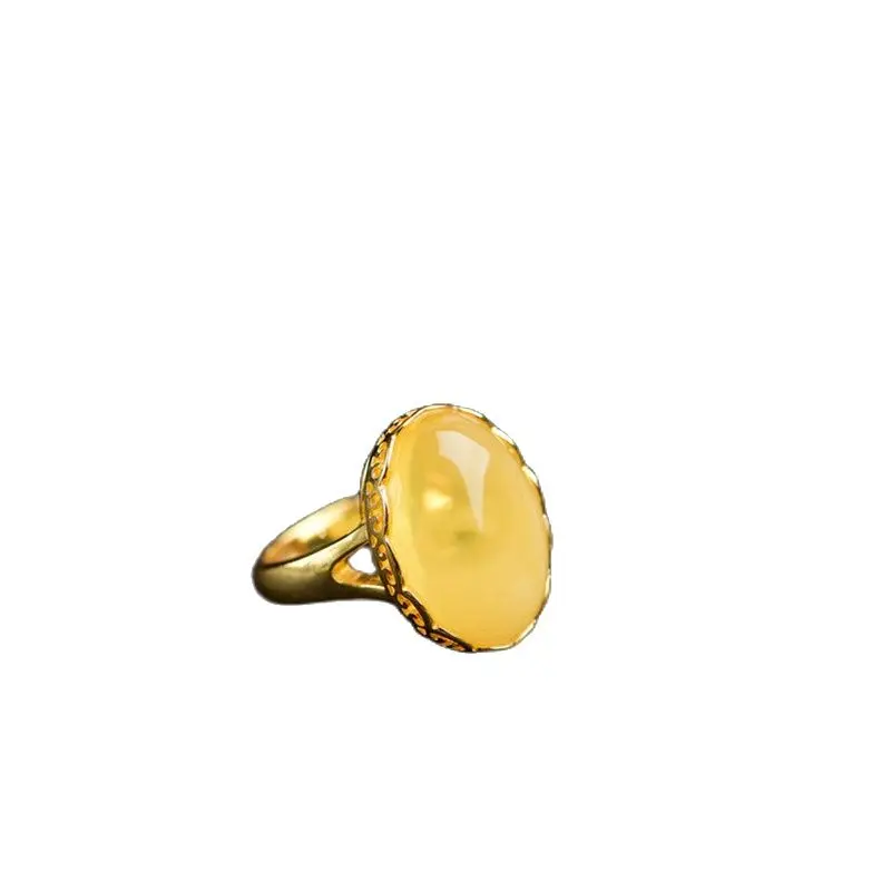 

Chicken oil beeswax yellow rose gold silver ring full of Honey Amber Stone 925 silver women alive.