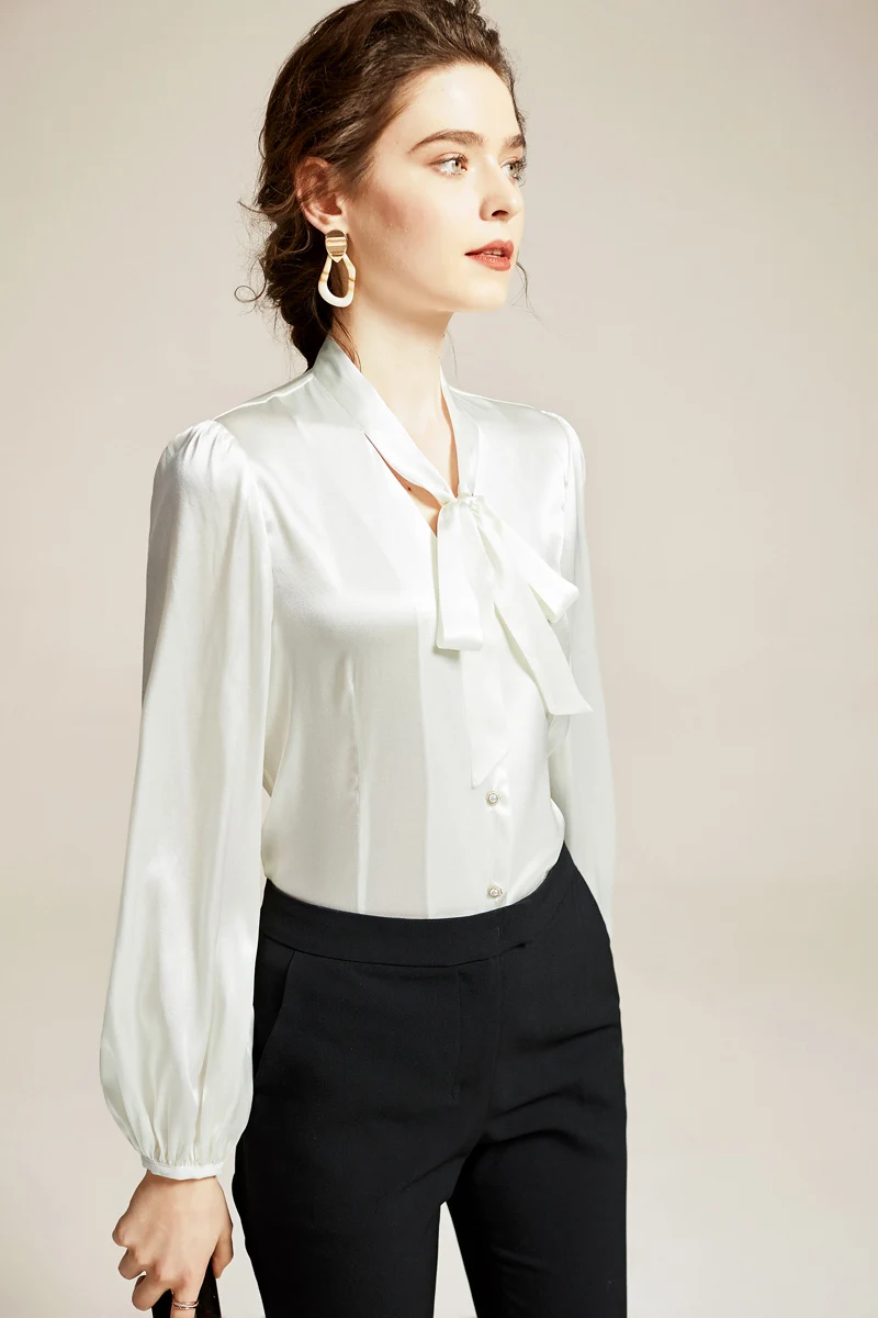 100% Шелковая женская рубашка с поясом и бантом на воротнике длинными рукавами