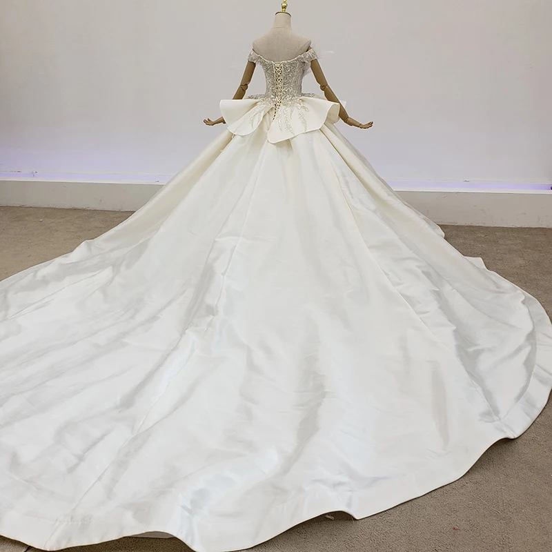 Атласное свадебное платье HTL1518 белое плать 2020 с коротким рукавом бусинами