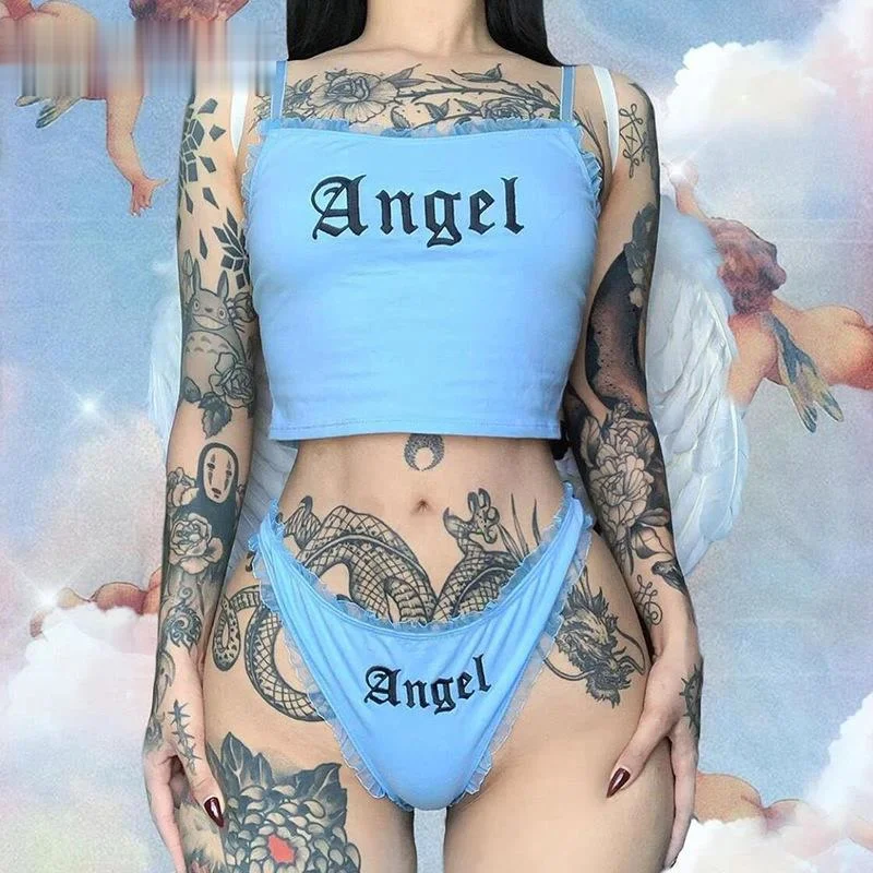 

Goth Dark Sexy Casual High Waist Women Sets Print Summer E-Girl Streetwear Fashion Two Piece Set Club Sleeveless Matching Set #2