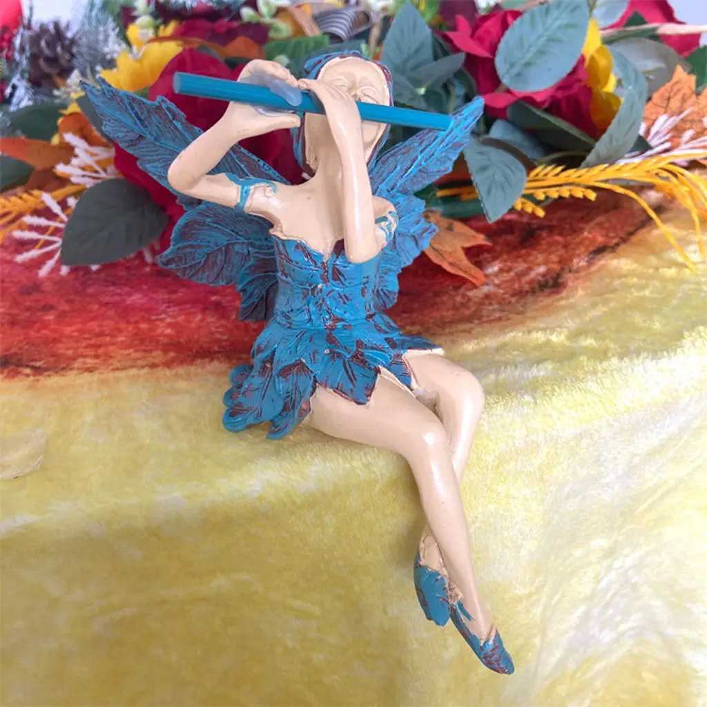 

Creative Fairy Statue Figurine Flute Playing Sitting Durable Resin Craft Landscaping for Table Lawn Garden Decoration Gift