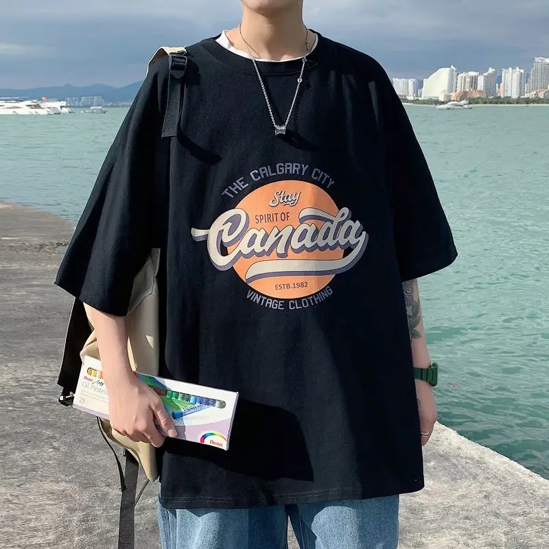 

2021 Summer Breasted Short Sleeve O-Neck Print T-shirt Men's Loose Large Size Simple Korean Style Harajuku Sport Man Clothes
