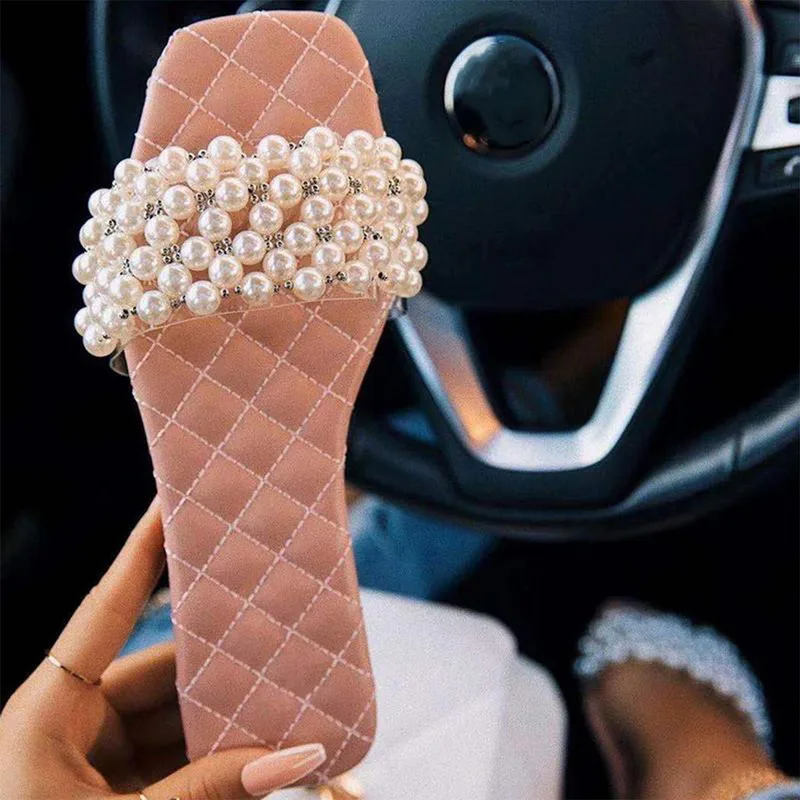 

2021 Women Pearl slippers Square Toe Slides Summer Fashion Design Ladies Size 35-43 Zapatillas Mujer Casa Flat