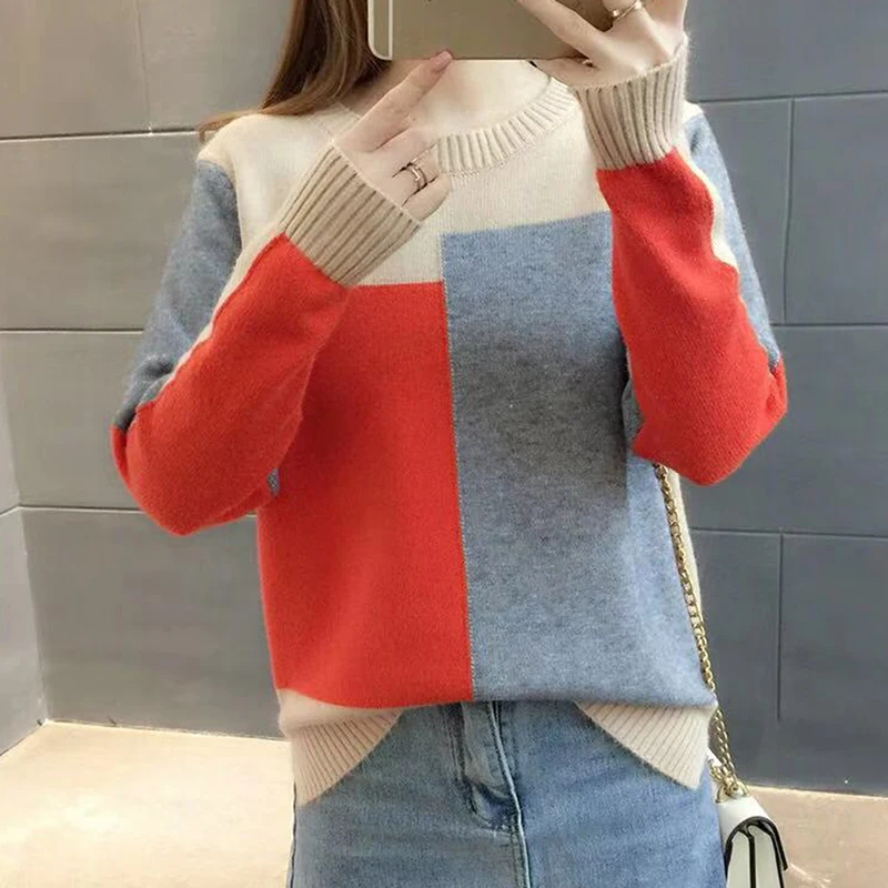 

Women Winter Sweater Fashion Autumn Patchwork Knitted Long Sleeve Pullover Female Tricot Jumper Pull Femme