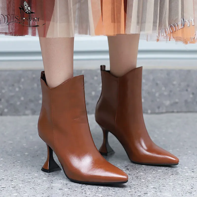 

Sgesvier Black Apricot White Women Ankle Boots Faux Leather Thin High Heel Ladies Short Boots Slip on Pointed Toe Women's Boots