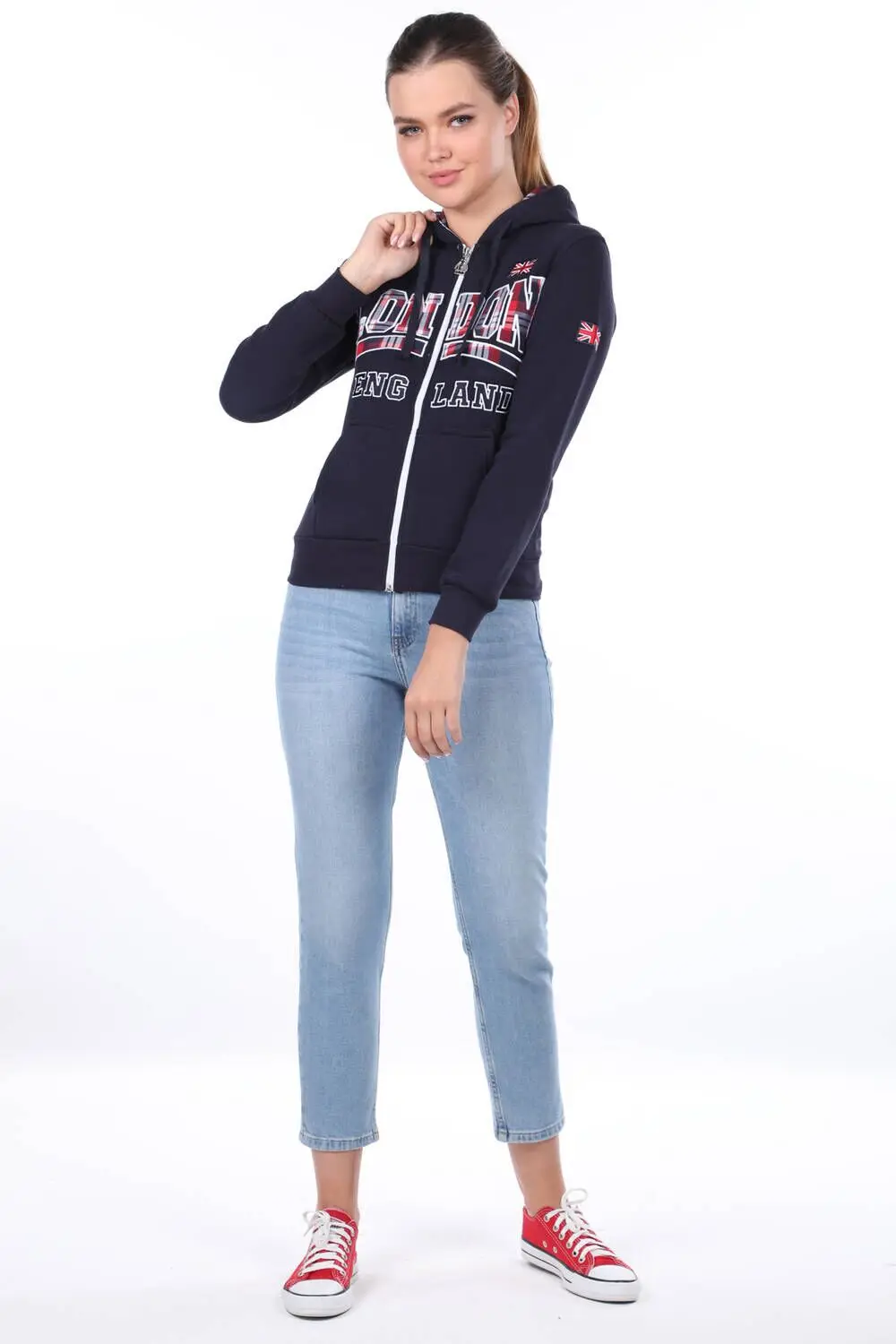 

Womens Hooded Zippered Hooded Sweatshirt with Appliques Inside