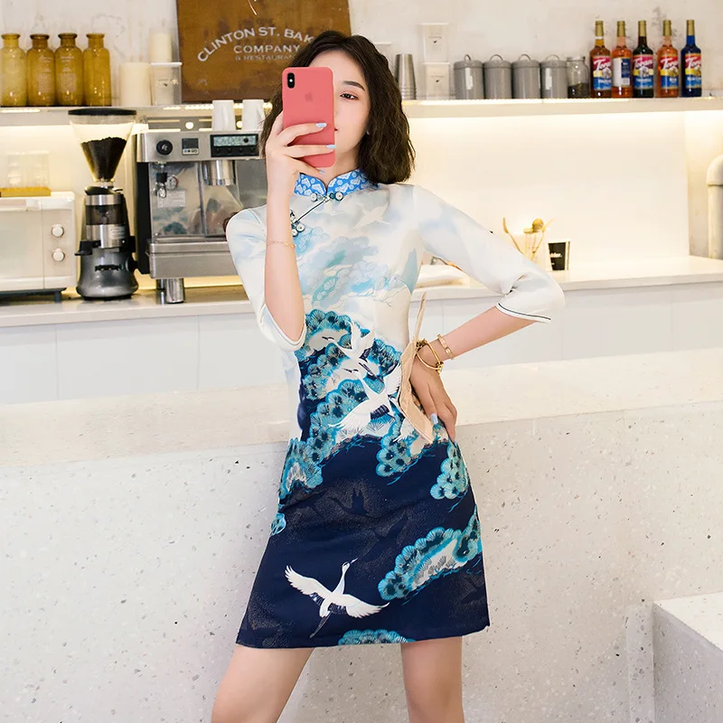 

Vrouwen Elegante Retro Kant Trouwjurk Chinese Stijl Traditionele Afdrukken Cheongsam Slanke Qipao Sexy Nachtclub Bodycon Party