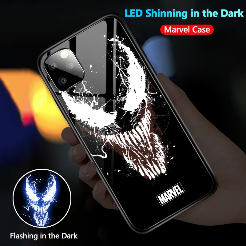 Venom Для iPhone 6 7 8 Plus X XR XS Max 11 Pro светодиодный мигающий чехол Marvel Мстители Железный человек паук Veno закаленное стекло - Цвет: Venom