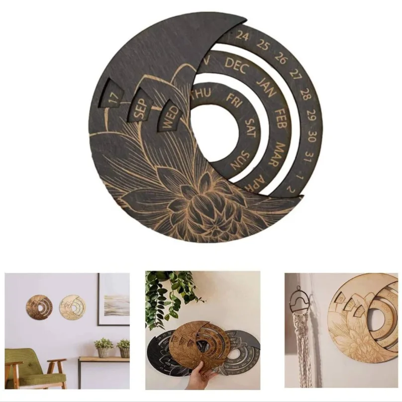 

Wooden Round Perpetual Calendar Creative Wooden Wall Calendar Wall Hanging Crafts Decorative Xmas Gift Handicraft Decoration