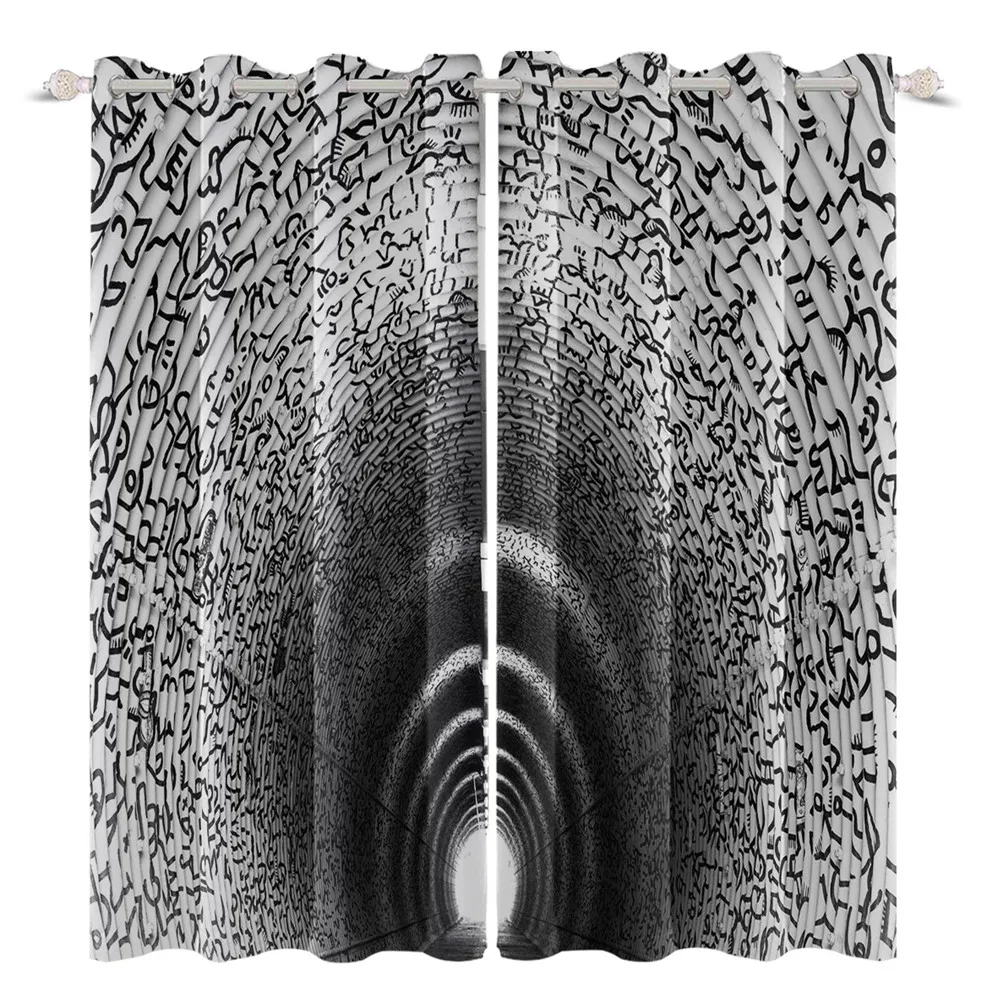 

3D Printing Graffiti Black Tunnel Window Curtains Home Decor For Children Bedroom Living Room Blackout Treatment Cortinas
