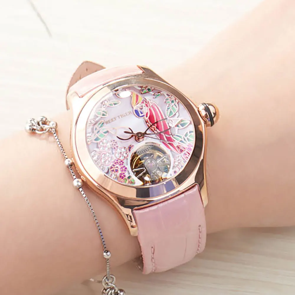 Reef Tiger Top Brand Design Luxury Women Watches Pink Dial Leather Strap Mechanical Watch Rose Gold Fashion reloj mujer | Наручные часы