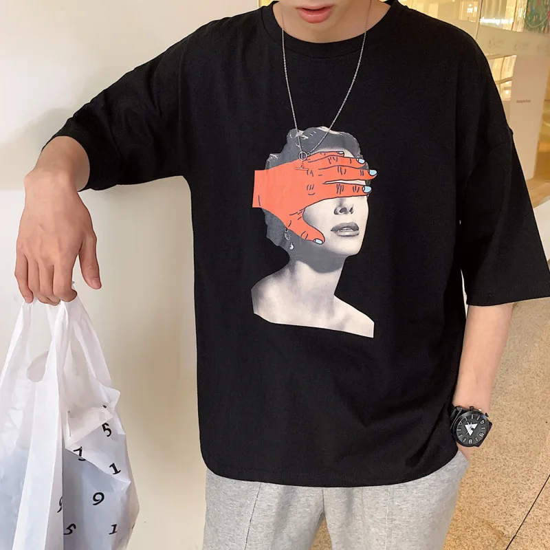 2020 Summer New Youth Pop Men's Print Loose Short Sleeve T-shirt Fashion Casual Round Neck Pullover Black / White M-2XL | Мужская