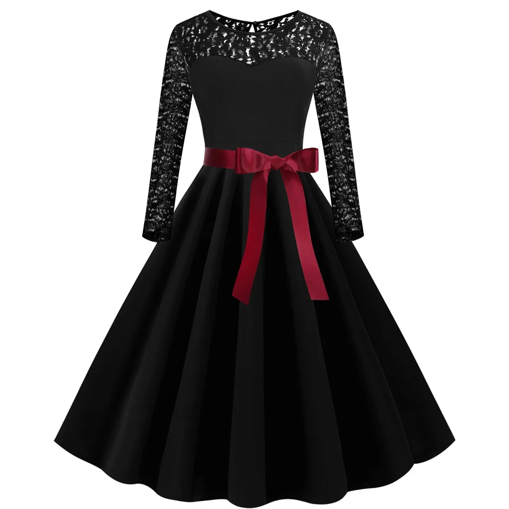 Модное платье для женщин кружевное с длинными рукавами и круглым вырезом