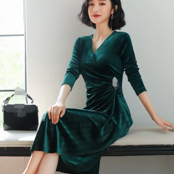 2020 осеннее зеленое бархатное платье для женщин вечерние платья винтажное