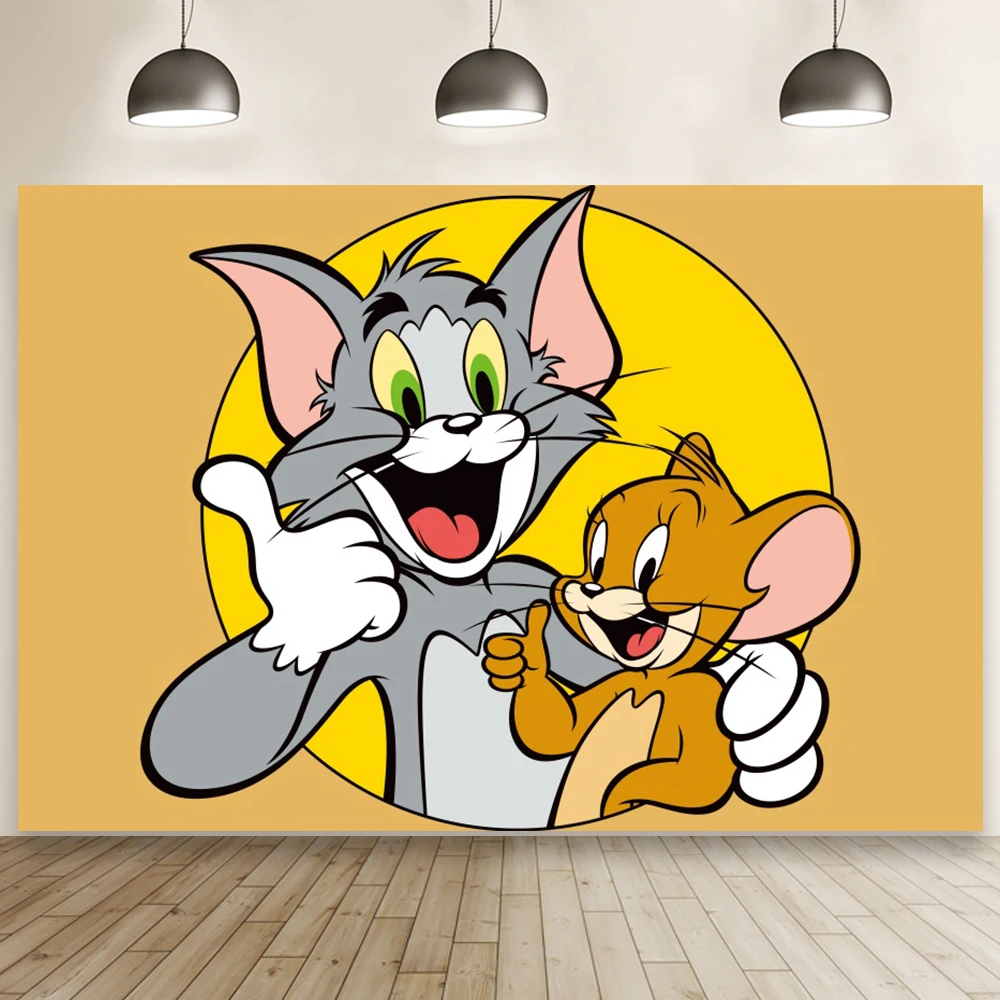 

Bright Yellow Newborn Baby Shower Backdrop Tom Cat and Jerry Mouse Cartoon Photography Kids Birthday Party Background Poster