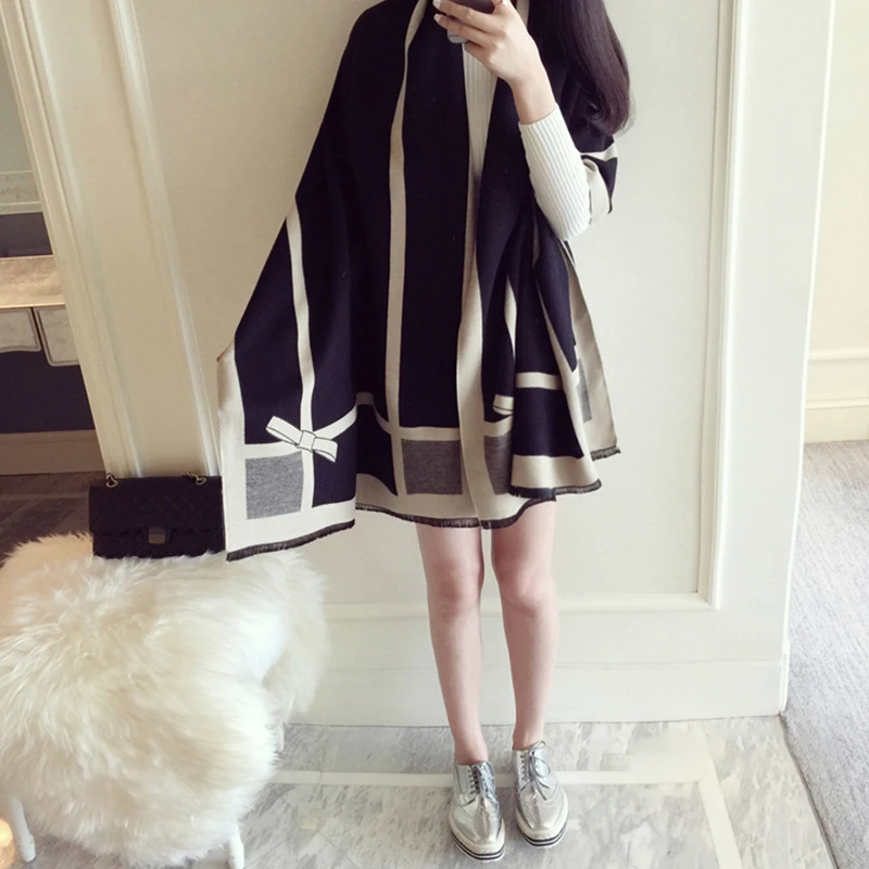 

Winter Korean Bowknot Warm Long Fashion Women's Scarf Thickening Imitation Cashmere Geometric Luxury Shawl