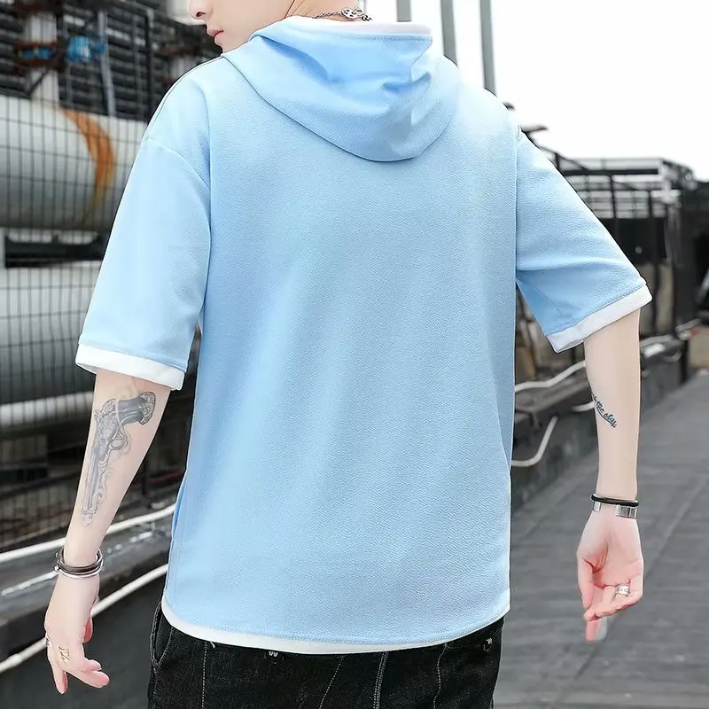 

Men's Hoodies Korean Fashion Streetwear Short Sleeve Hooded Sweatshirts New Men Casual Harajuku Solid Color Men Clothing Hoodies