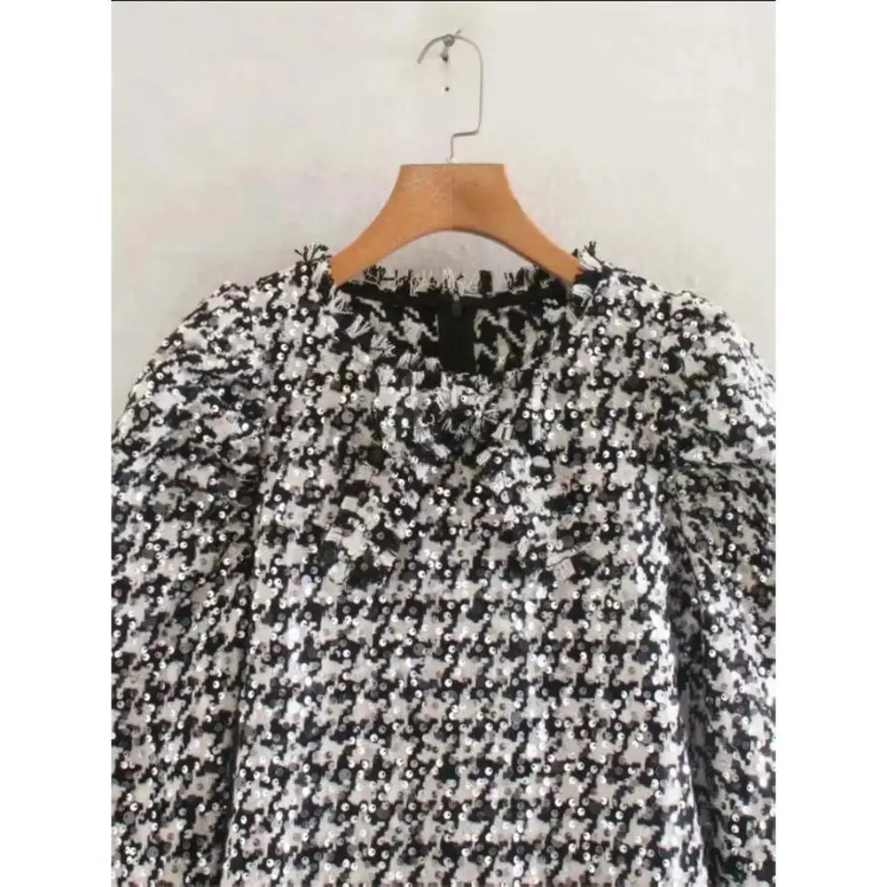 Za 2019 модное мини-платье для женщин твидовое платье с длинными рукавами и