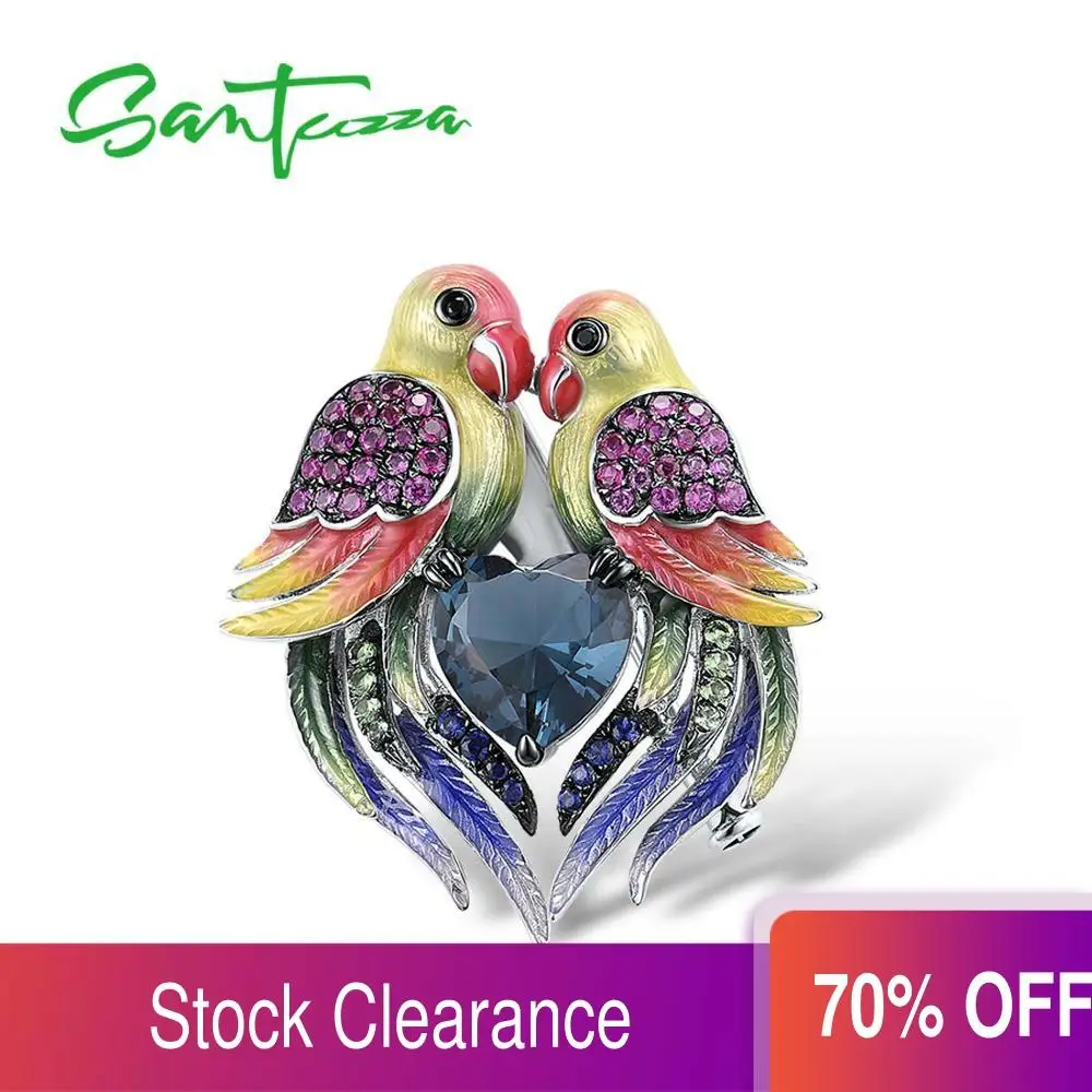 Женская серебряная брошь SANTUZZA из серебра 925 пробы с разноцветными птицами и