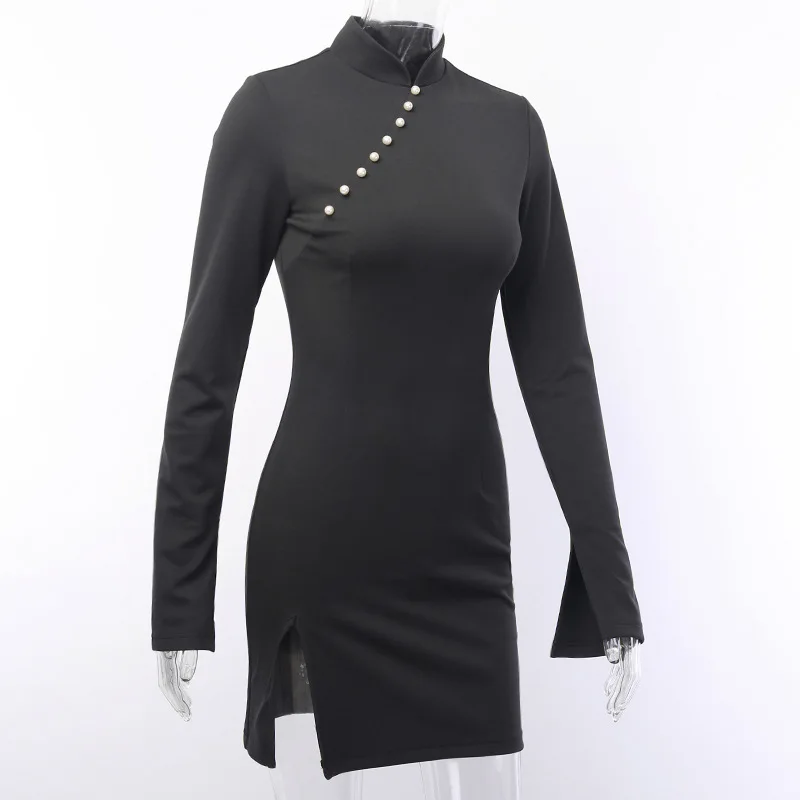 

2020 New Gothic Black cheongsam sexy women Solid Vintage long sleeve Dark Gothic Dresses Mini Female Party Dress