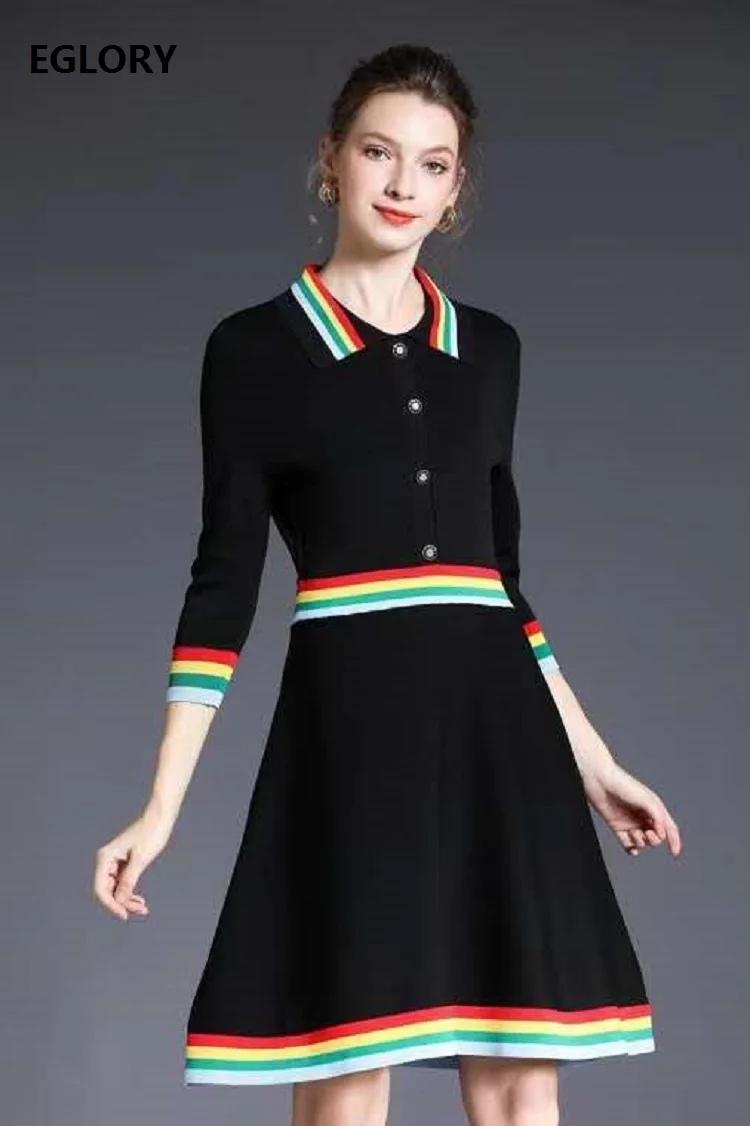 

Новейшее модное трикотажное платье 2020, осенне-зимнее женское платье с отложным воротником, милое вязаное черное платье-свитер цвета радуги