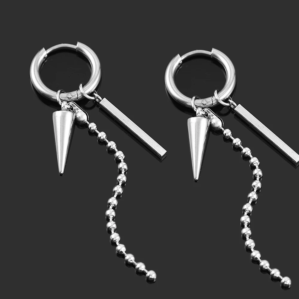 

1pcs Stainless Steel Stud Earrings Pointed Bead Chain Earrings for Men and Women with Piercing Ear Clips Punk Hip Hop Jewelry