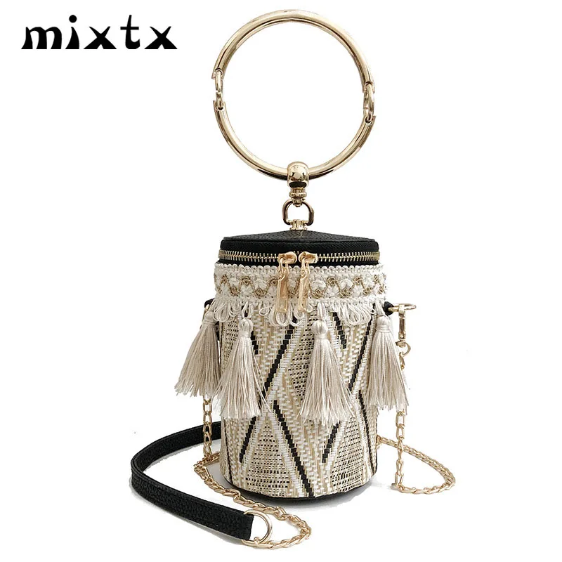 

Праздничная сумка с металлическими ручками для вечерние Ринок и банкетов, женская сумка-Кроссбоди в форме бочонка с кисточкой, женская сумк...