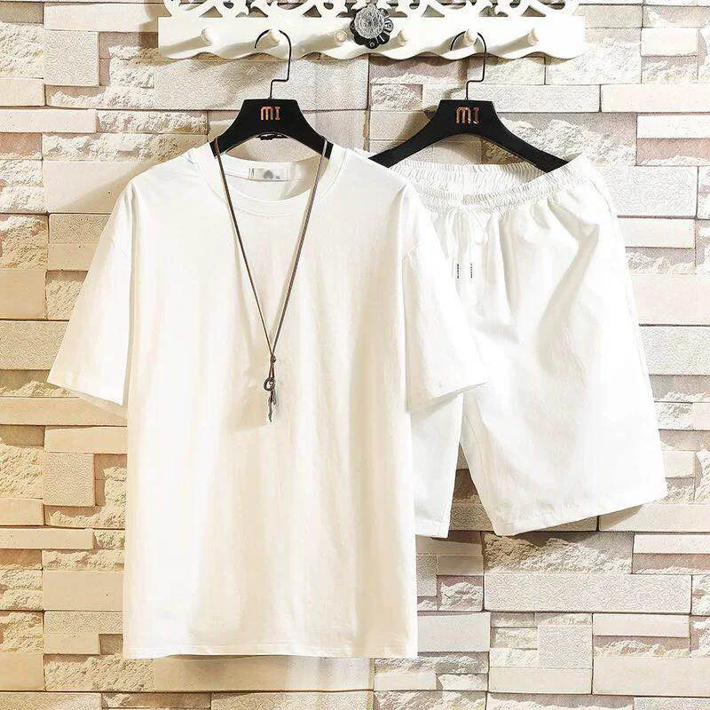 

Men's summer suit solid color 5-sleeve shorts suit half sleeve T-shirt fashion large casual sleeve two piece suit
