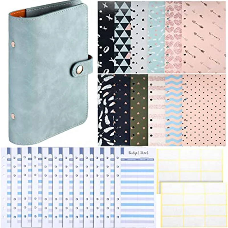 

A6 PU Leather Notebook Binder 6 Ring Binder Sets,12 Budget Envelope Systems,12 Expense Budget and 24 Bill Plan Labels