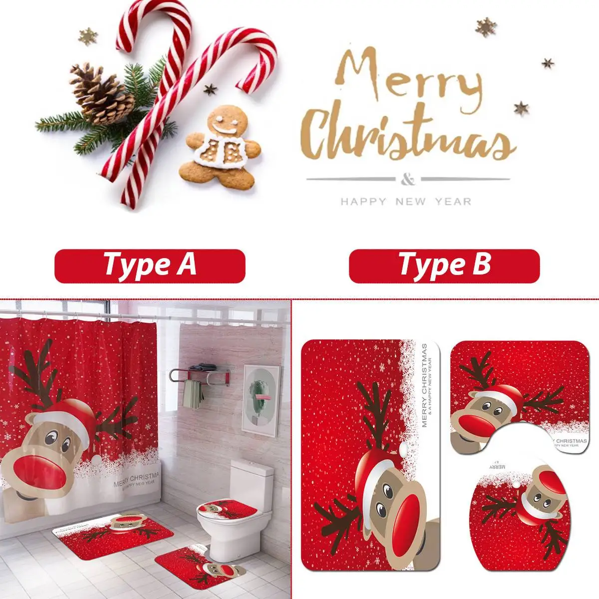 

Christmas Shower Curtain Sets Snowman Santa Non-Slip Rugs Toilet Lid Cover and Bath Mat Waterproof Bathroom Curtains Home Decor