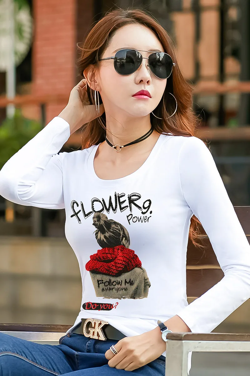 

2019 Autumn Girl Women Shirt Aesthetic Korean Long Sleeve Shirt Casual Cotton Broadcloth Full Diamonds Print O-Neck Tops T Shirt