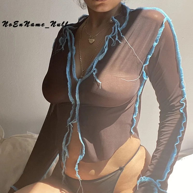 

Sexy low cut Mesh See Through Women Crop Tops Y2k Long Sleeve T Shirts deep V Neck Party Club Fashion Street Style Tee female