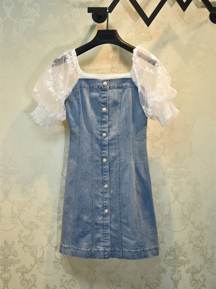 

Luxury Designer Brand Dress for Women Vintage Square Collar Pearl Buttons Lace Puff Sleeve Patchwork Denim Dress