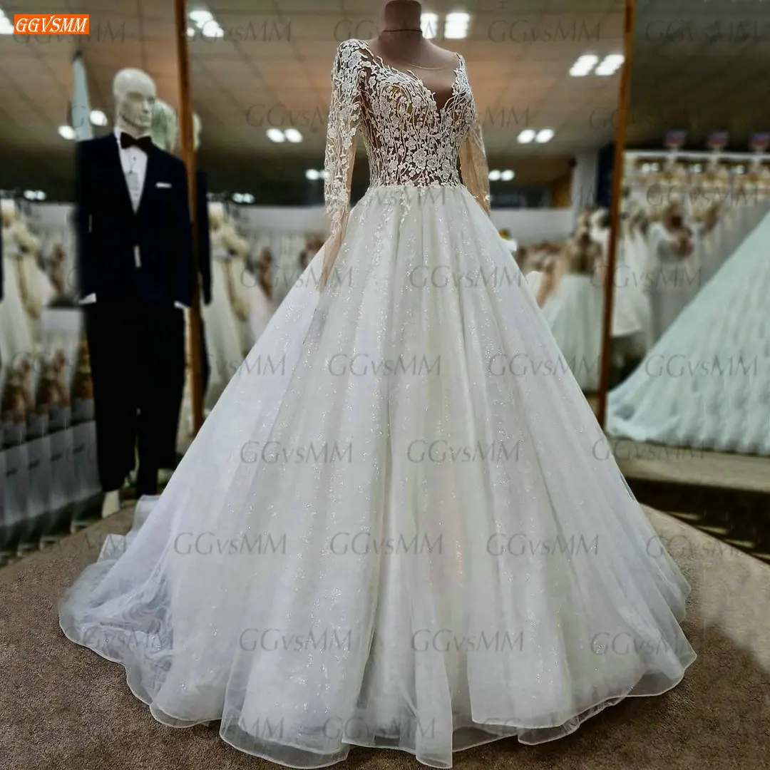 

Блестящее бальное платье, свадебные платья 2021, с длинными рукавами, Vestido De Noiva, с круглым вырезом, с кружевной аппликацией, платье невесты, реа...