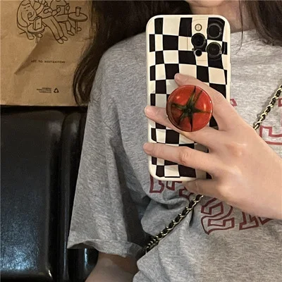 

Unique Style Checkered Tomato Bracket Suitable For Ladies Apple Mobile Phone Shell Soft Material Cool-Looking 2021 Exquisite