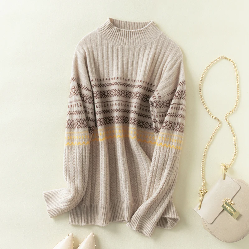 Свитер женский новый плотный пуловер Свободный Ретро жаккардовый с воротником