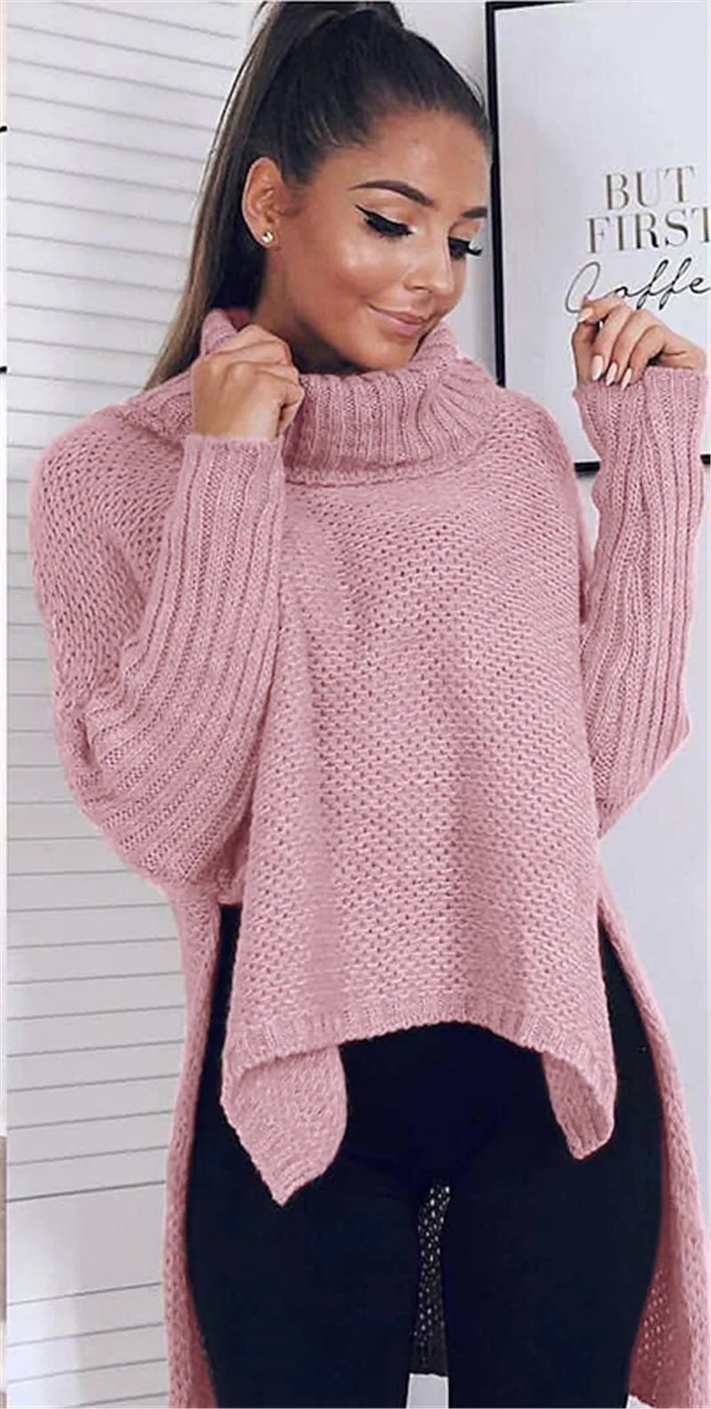

High Street Tops Sweater Irregular Turtleneck Sweaters for Women Autumn and Winter Warm Long Sleeve Knitted Pullovers Female