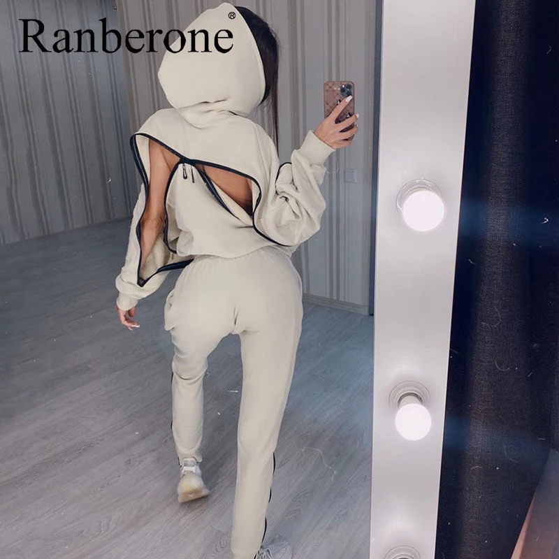 Two Piece Outfits Tracksuit Wives Sexy Back Zipper Hoodies Sweatshirt And Pocket Sweatpants Women Sport Suit Solid Sportswear