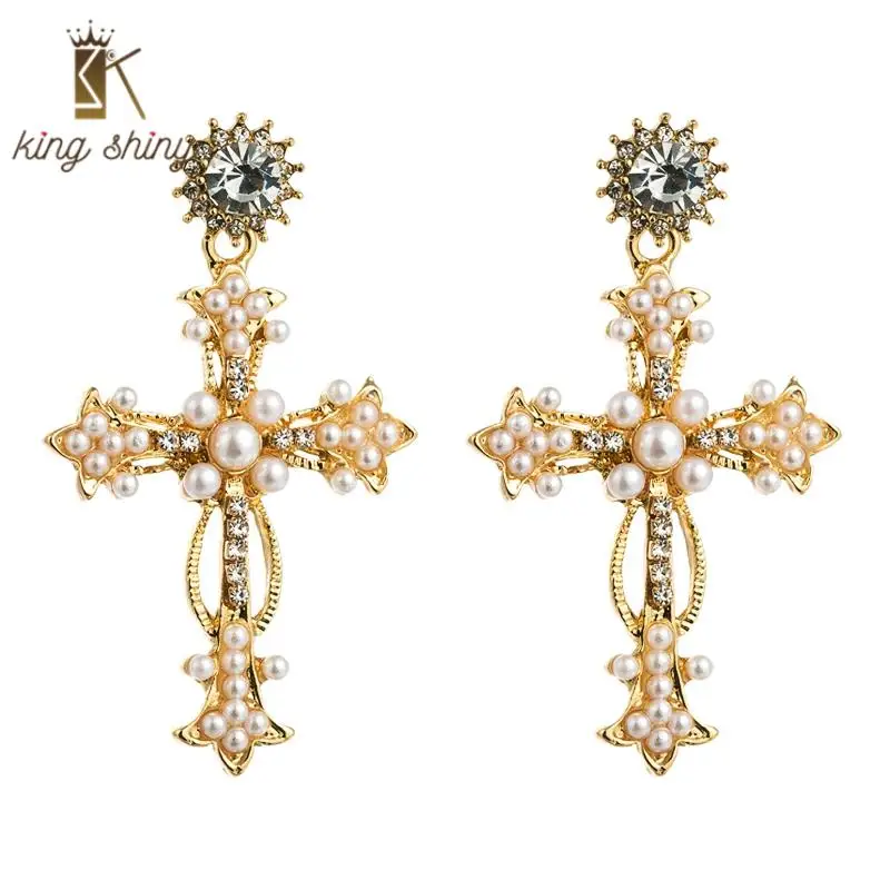 

Za New Korean Personality Pearl Pendant Dangle Earrings Simulated Pearl Geometric Oval Cross Statement Drop Earrings Ear Jewelry