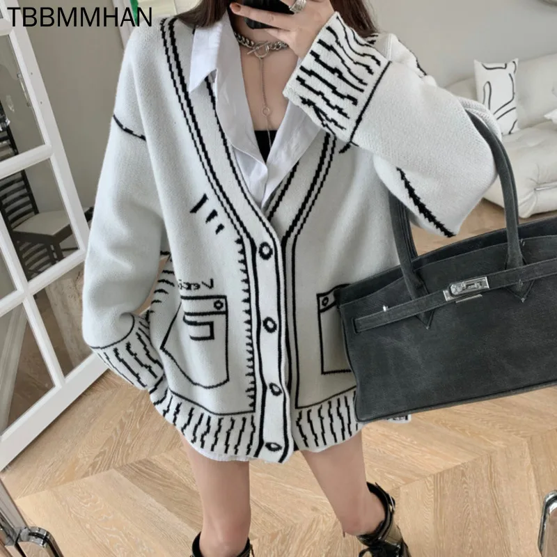 

Gilet Femme Manche Longue 2021 Autumn Women Clothes Vintage White Knitted Cardigan Coat V-neck Loose Korean Sueter Jacket Female