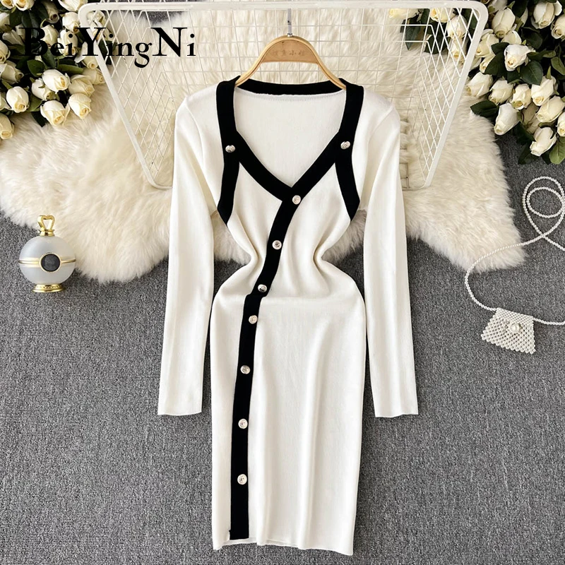 

Beiyingni Autumn Sexy Woman's Sweater Bodycon Mini Dress Skinny Buttons Long Sleeve V-neck Elastic Luxury Knitted Dresses Womens