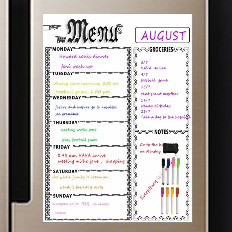 

Magnetic Refrigerator Chalkboard Weekly Menu Meal Planner Grocery Shopping List Board for Kitchen Fridge with 8 Color Markers