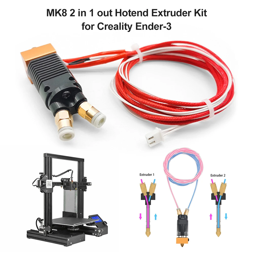 

MK8 Nozzle 2 in 1 out Dual Color Hotend Extruder PTFE Tube Thermistor Heating Rod Kit for Creality Ender-3/CR-10 3D Printer Part