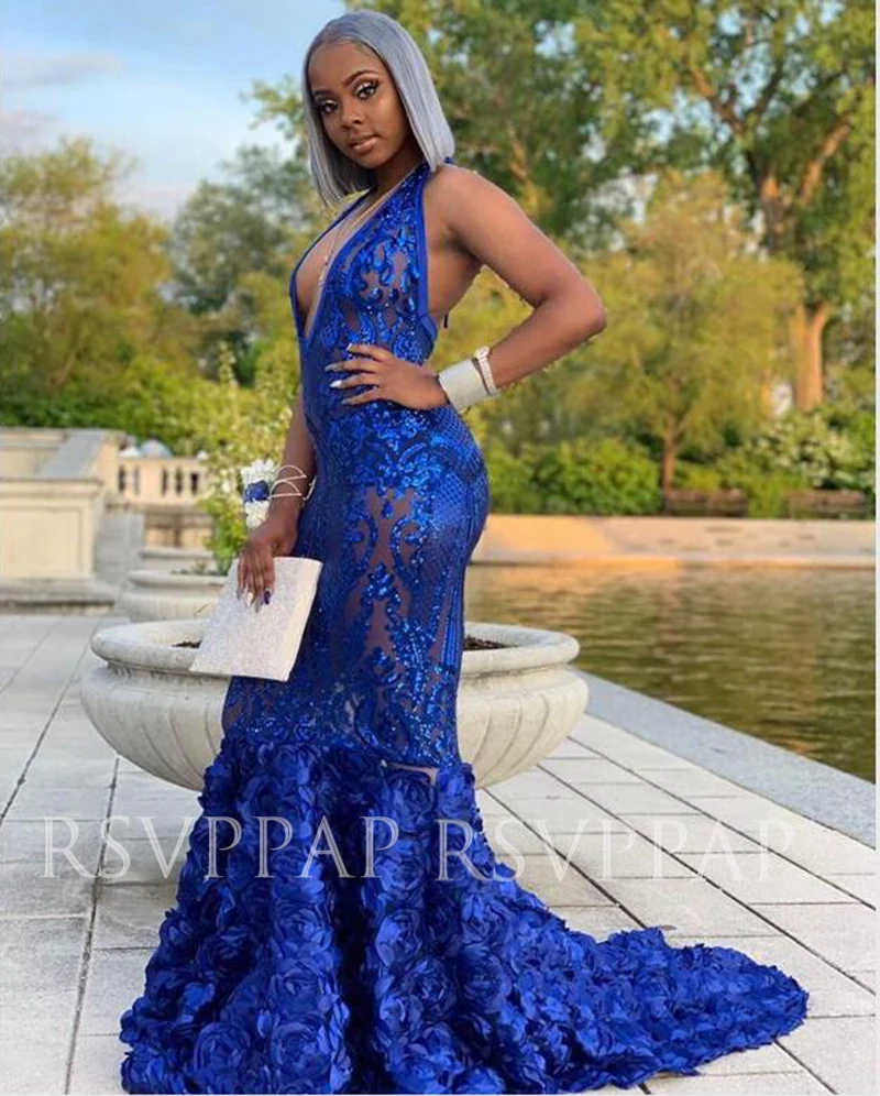 

Royal Blue Mermaid Prom Dresses 2021 African Black Girl Sexy V-neck See Through Top Glitter Sequin 3D Flowers Long Prom Gowns