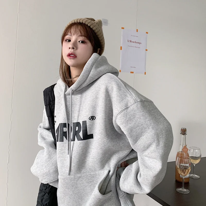 Серая плюшевая толстовка женская осень-зима 2021 новый милый крутой нишевый дизайн