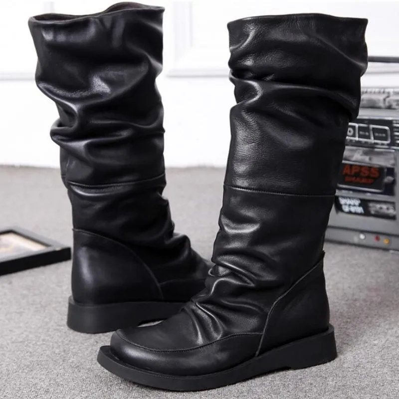 Женские винтажные сапоги из натуральной кожи с круглым носком без застежки |